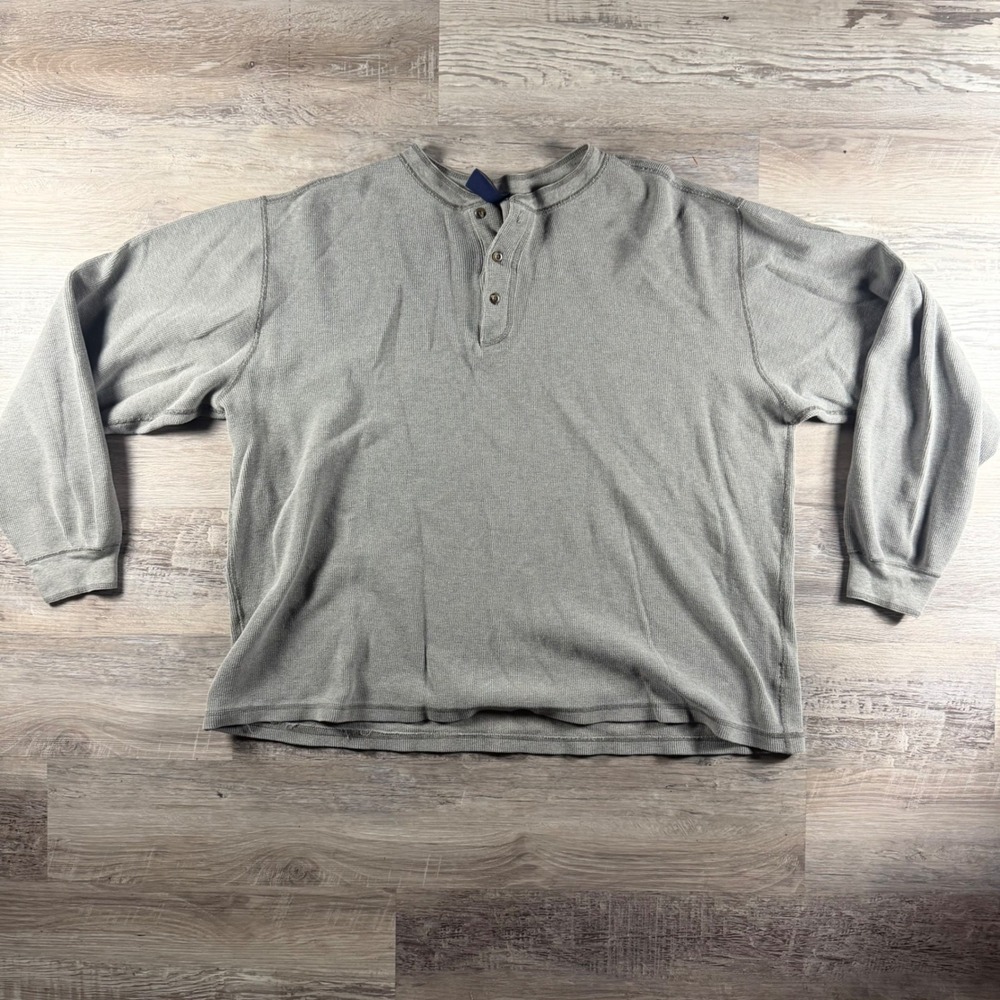Vintage 90's Lands End Mens XL Henley Shirt Gray Waffle Knit 100% Cotton USA
